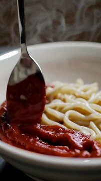 Savory pasta mix: spoon stirring hot noodles with red sauce and rising steam