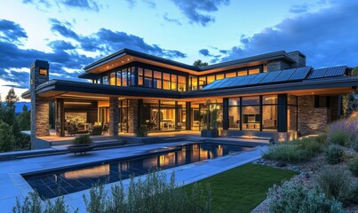Obraz premium Modern Luxury Home with Solar Panels at Dusk