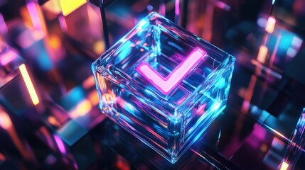 A luminous check mark inside a clear cube, created digitally with bright colors in an abstract style.