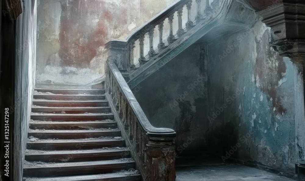Poster abandoned staircase in a deteriorating building with stained walls