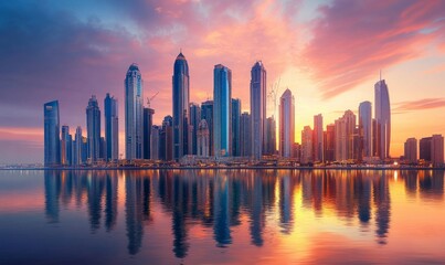 Obraz premium Modern Skyscrapers Reflecting Sunset in Business District