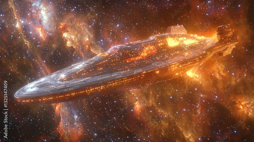 Poster imposing spaceship ascending through a cosmic cloudscape deep in the galaxy
