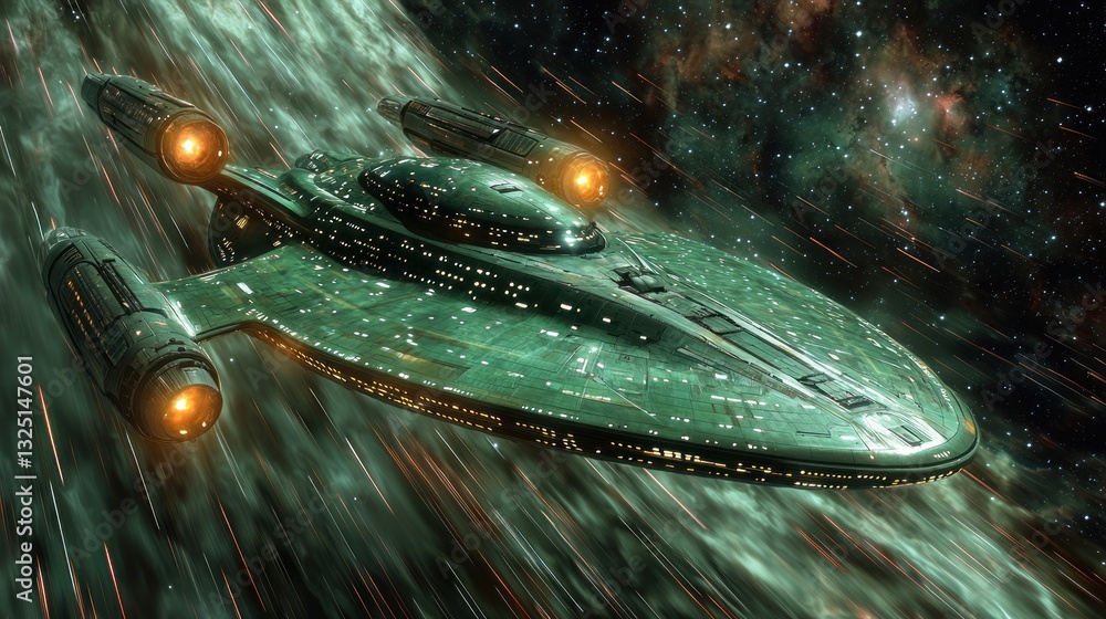 Poster futuristic spaceship gliding through nebula, a journey in deep space
