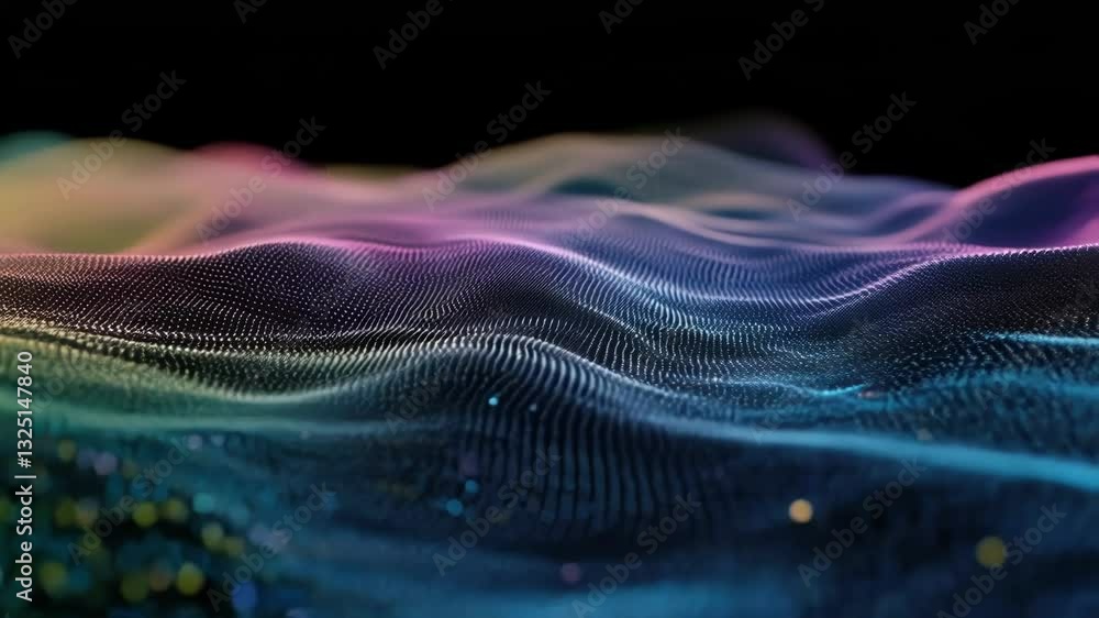 Poster colorful particle waves flowing on a black background illustrate the dynamism and complexity of inno