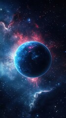 Fototapeta premium Blue planet orbiting around a red and blue nebula in the vastness of outer space