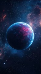 Glowing planet orbiting in a colorful nebula with bright stars