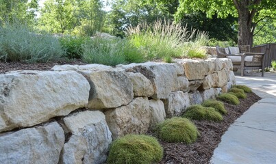 Natural stone wall with prominent sand and moss growth, rough-hewn stone, exposed grains