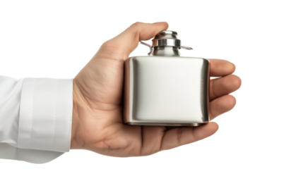 Businessman holding hip flask on transparent background