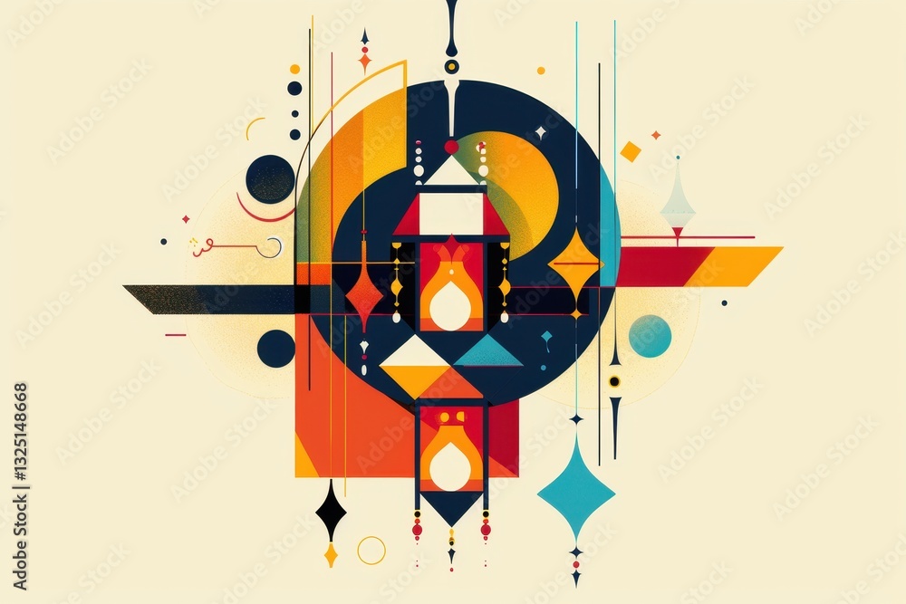 Poster colorful abstract design featuring geometric shapes and lantern elements, showcasing a modern artist