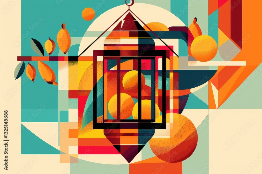 Poster colorful abstract design featuring geometric shapes and lantern elements, showcasing a modern artist