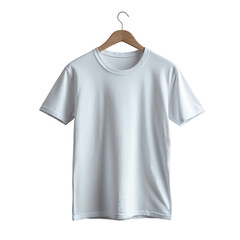Blank White T-Shirt on Wooden Hanger Isolated on Transparent Background.