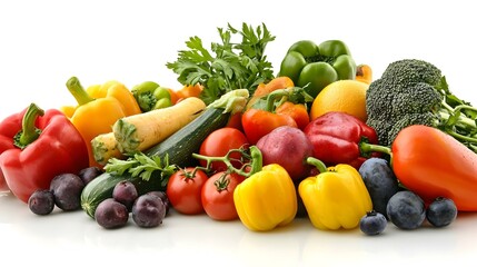 Ripe and tasty fruits and vegetables on a white