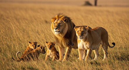Majestic lion family gracefully roaming the golden savanna landscape at sunset