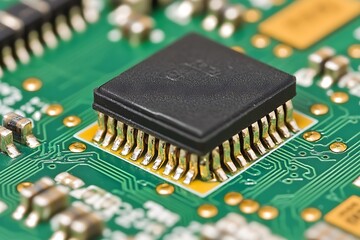 A close up view of an electronic circuit board and chip