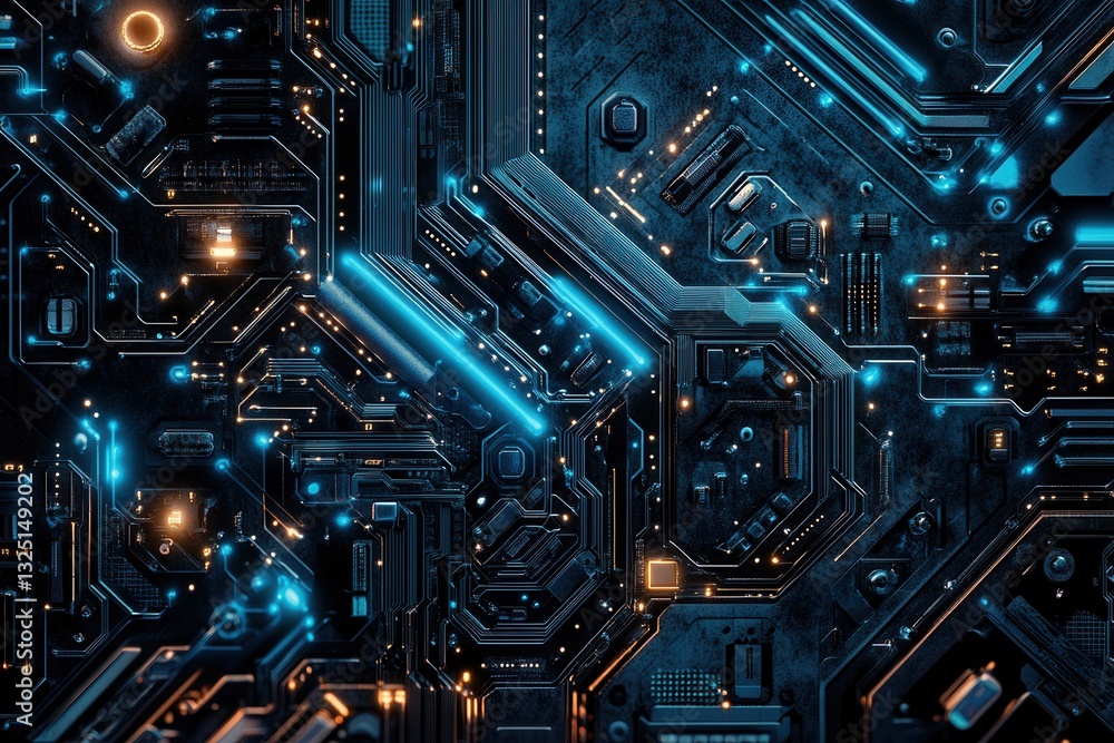 Poster Exploring the depths of a neural network design with cutting-edge patterns in deep blue and cyan tones