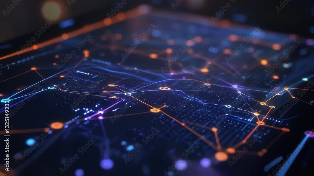 Poster visualizing a complex interconnected network on a transparent display, representing innovative manuf