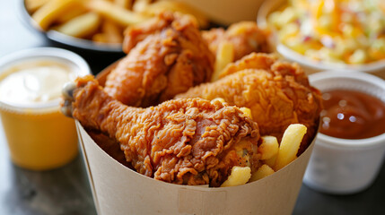 A large portion of crunchy fried chicken served with seasoned fries, rich gravy, and a creamy macaroni salad