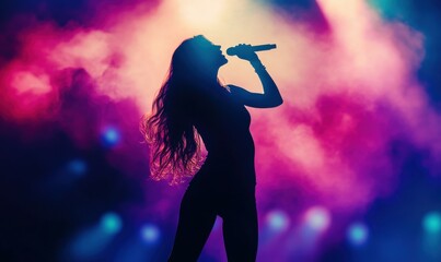 Beautiful female singer silhouette sings on stage in light show