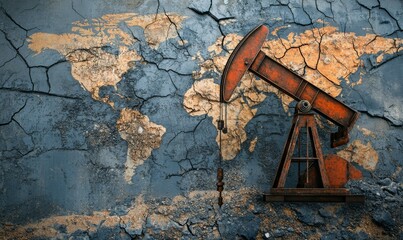 Oil pump jack on cracked earth background with world map