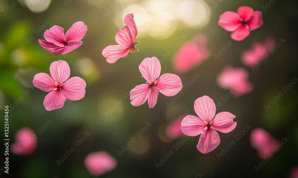 Poster pink flower petals floating in the air with soft bokeh background during springtime