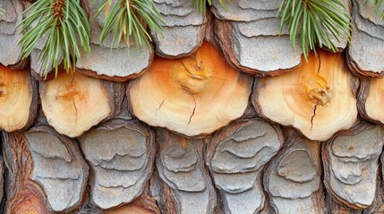 Fototapeta premium Scaly pine bark texture, mountain backdrop, nature design