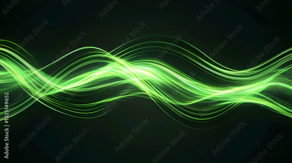 Poster abstract green glowing wave pattern against dark background illustrating energy and data flow
