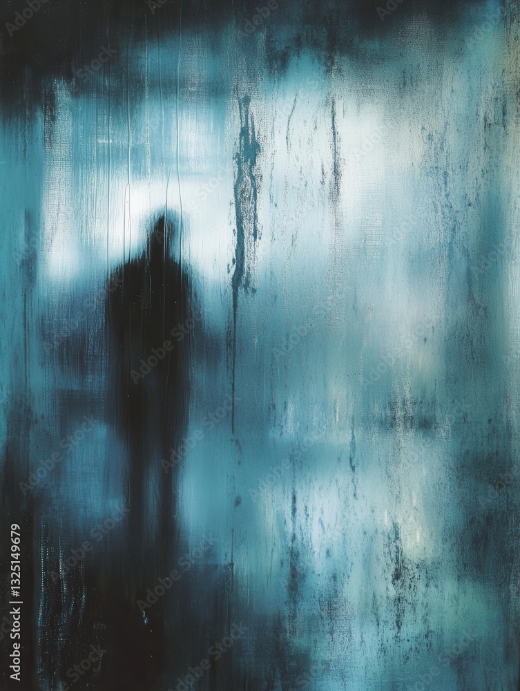 Poster melancholic reflections of a lonely figure behind a rain-specked window at twilight