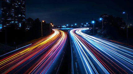 Dynamic Night Highway Traffic with Blue And Orange Light Streaks Illuminating the Urban Landscape