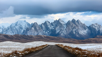 Obraz premium Snow Capped Mountain Range Backdrop with Barren Terrain and Leading Road Under Overcast Sky