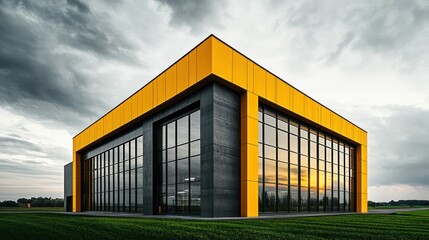 Obraz premium A modern industrial building with a bold yellow and dark charcoal exterior, showcasing tall glass windows