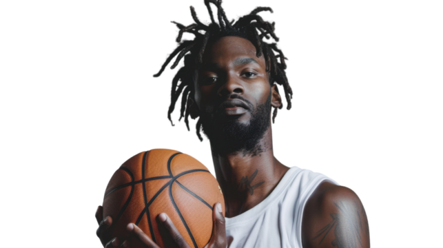 Basketball player holding ball with transparent background