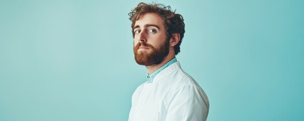 Obraz premium Portrait of confident young medical doctor on blue background.