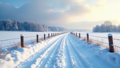 Naklejka premium Frozen landscape, timber fence lines snowy road Crisp winter scene , texture, fence, travel