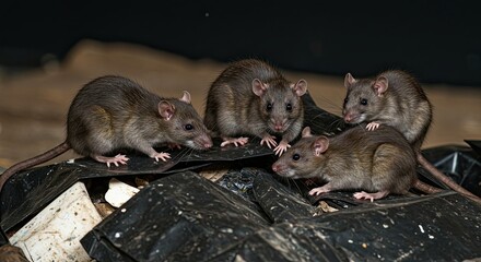 Group of rats foraging for food in urban environment