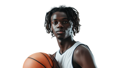 Confident basketball player holding ball on transparent background