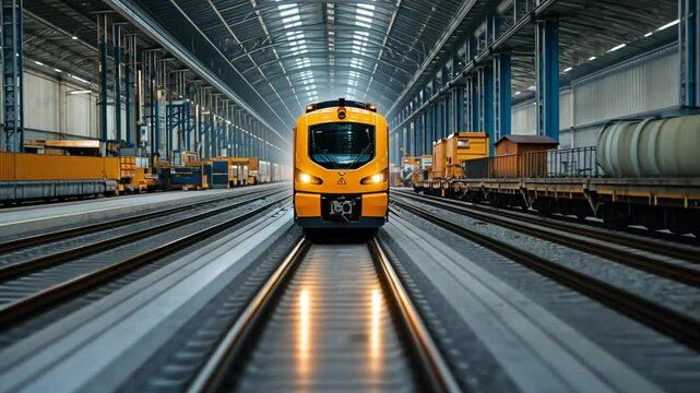 Bright yellow train positioned on tracks inside a spacious railway yard with cargo containers in the background