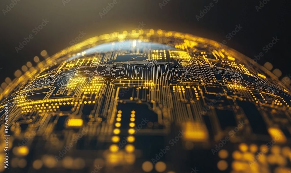 Poster pherical representation of interconnected globe with golden network and circuitry overlaid, symboliz