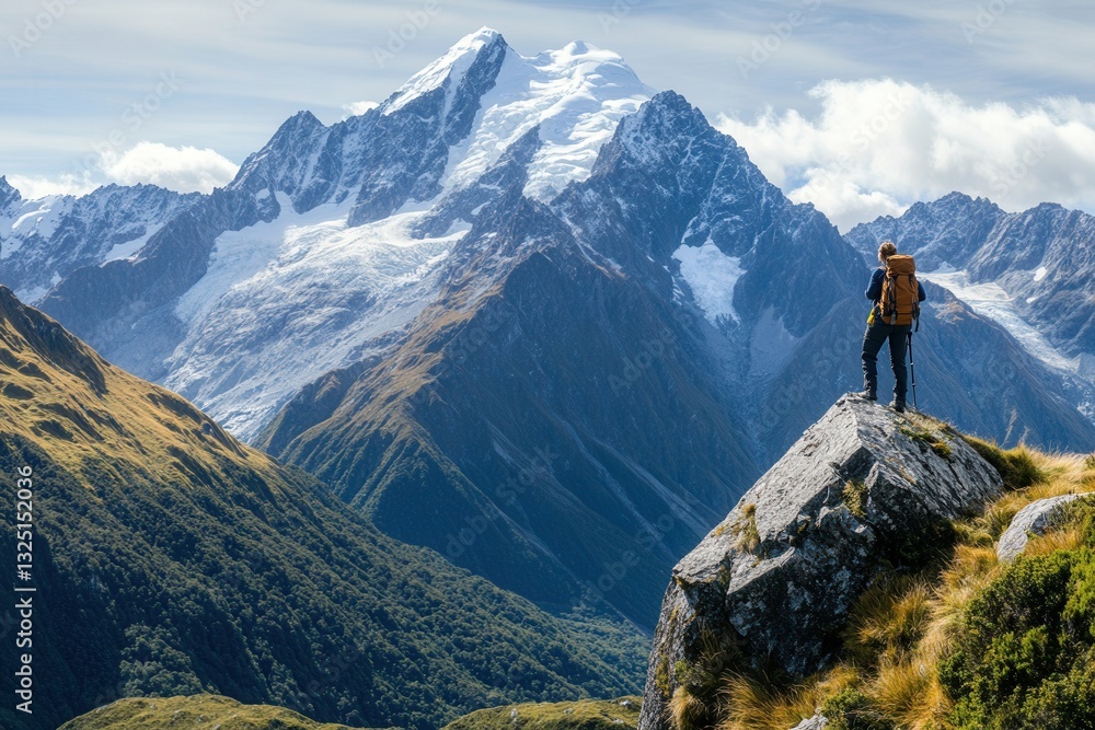 Poster majestic mountain range with snow-capped peaks and hiker enjoying breathtaking views in a lush valle
