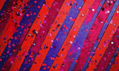 Red and neon purple striped background with scattered glitter, vibrant colors, abstract background, neon purple stripes