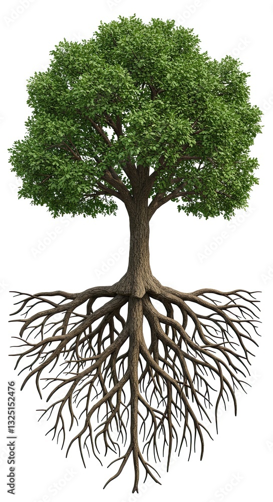 Poster lush green tree with extensive root system isolated on white background