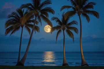 Tranquil Palm Trees by the Ocean at Night on a Magical Summer Evening