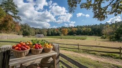 Autumn harvest: Baskets filled with fresh produce on a farm setting