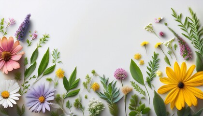 Fototapeta premium colorful botanical illustration of various flowers and herbs on a light background with copy space