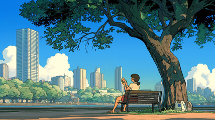 Fototapeta premium 高層ビルと公園のコントラスト｜サンドイッチを食べる女性のアニメ風イラスト