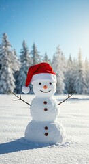 Festive snowman with red santa hat in winter wonderland forest scene