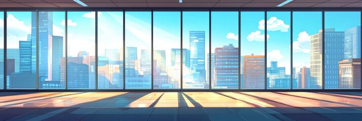 A sunlit skyline seen through tall glass windows, art