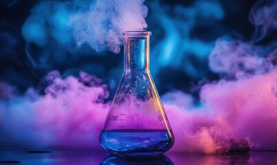 Colorful vapor emerges from laboratory flask with liquid