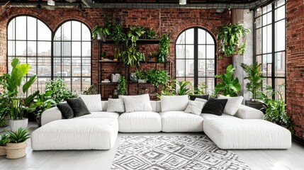 Modern loft living room with plants and city views. Possible use Interior design inspiration