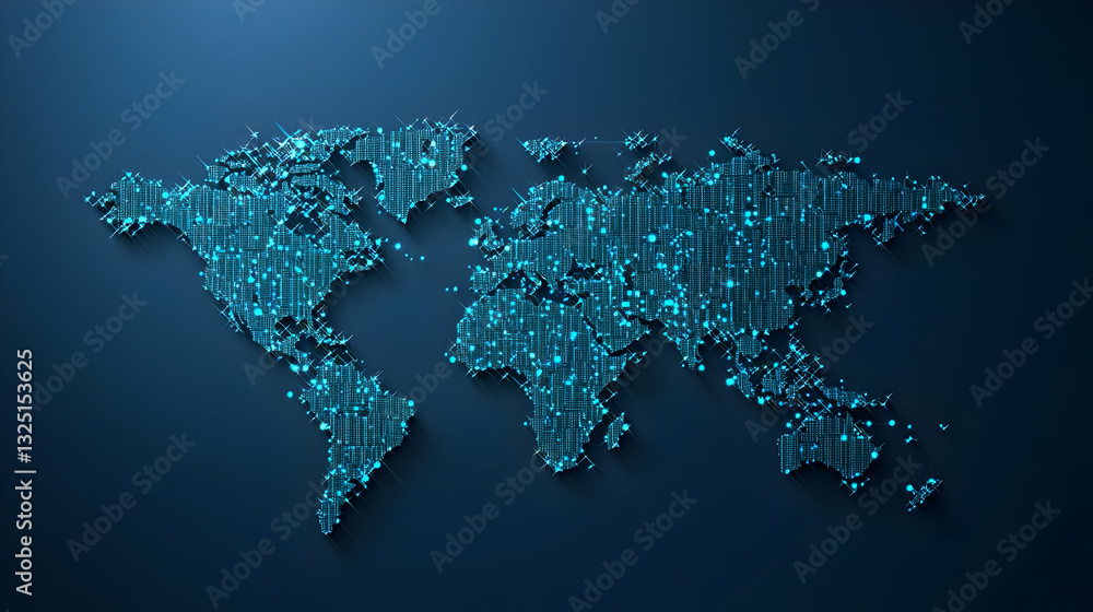 Poster blue stylized world map on dark blue background with digital network connection lines and dots globa