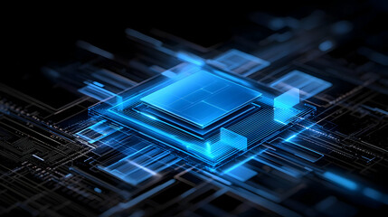 Illuminated Microchip Processor Circuit Board Blue Tones Abstract Digital Technology Concept